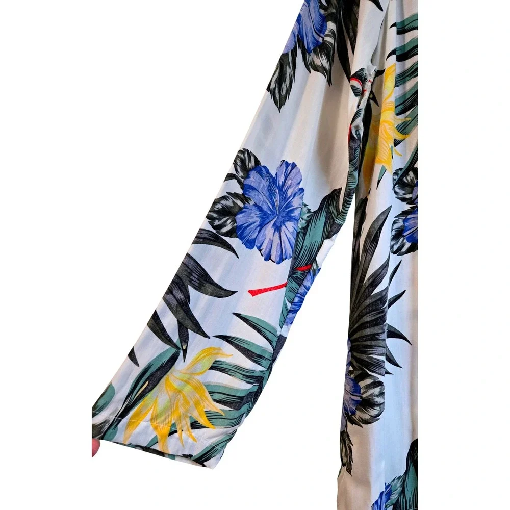Hurley Women Tropical Floral Hooded Lace Up Beach Cover Up Dress White Blue L